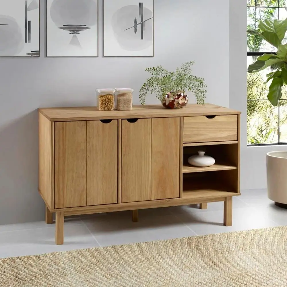 

Brown Scandinavian Pine Sideboard, 44.9 x 16.9 x 28.9, 2 Door Coffee Station for Living/Dining Rooms