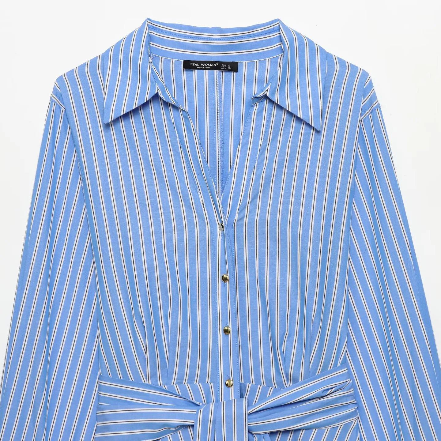 Vestido Versátil y Elegante para Mujer, Estilo Camisa a Rayas, Falda Larga Informal, Cuello de Solapa, Cierre de Botón, con Lazo