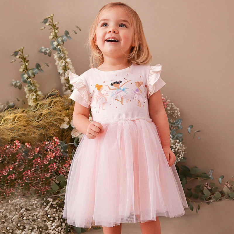 2024 New Summer Girls Dress Cotton Cartoon  Splicing Mesh Party Princess Dresses For 3-6 Years Girls Birthday Clothes