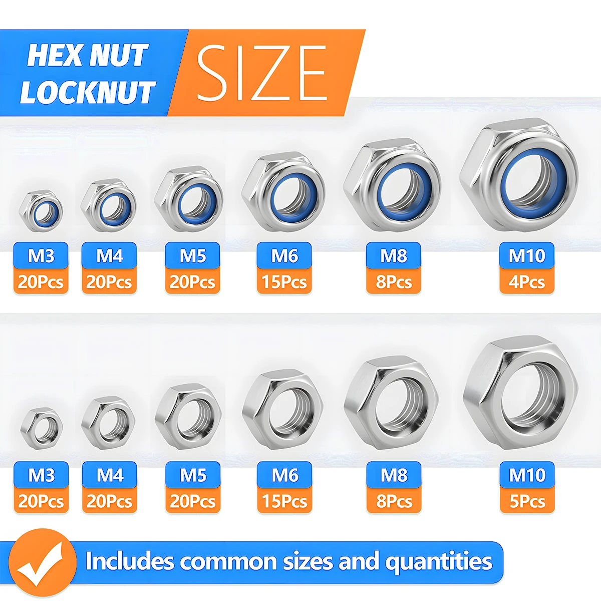 175pcs Locknuts Hex Nuts Assortment Kit M3 M4 M5 M6 M8 M10 Assorted Metric Nylon Insert Lock Nuts Hex Nut Set, Stainless S