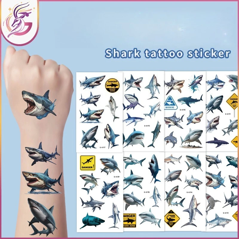 

Complete Shark Tattoo Kit Realistic Bloody & Cartoon Designs Waterproof Hypoallergenic for Boys Adventure Birthday Party Favor