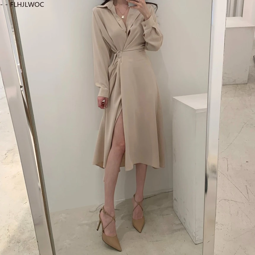 Chic Korea Kleding Vrouwelijke Vestidos Nieuwe Mode Vrouw 2025 Herfst Lange Mouw Een Stuk Lace-Up Lange Shirt jurk