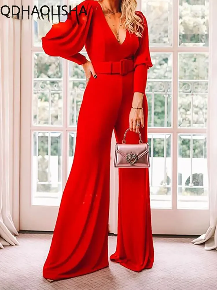 2023 Jumpsuit Women Elegant Ladies Wide Leg Jumpsuits Sexy V-neck Long Sleeve High Waist Belt Wide Leg Rompers Women's Pants