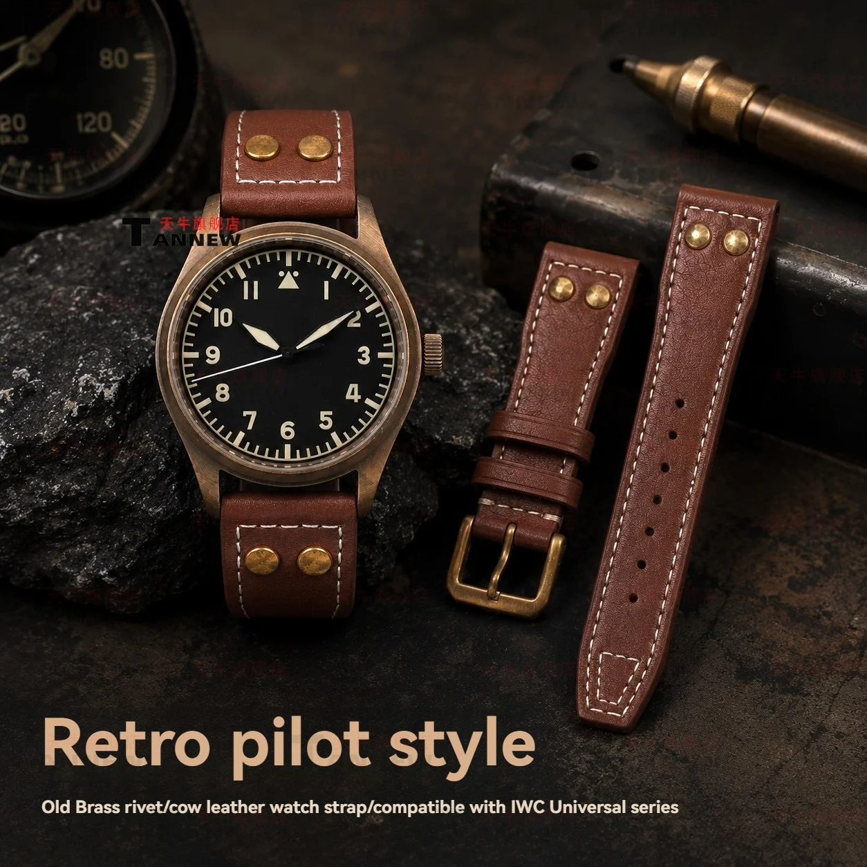 For IWC Pilot Spitfire Big Pilot Series Bronze Rivet Vintage Genuine Leather Strap 20 21 22mm Replacement Watch Band Accessories