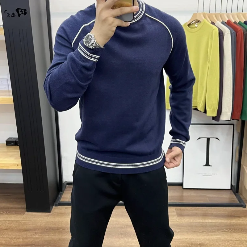 

All Match Trendy Color Round Neck Sweater Fashionable Knitted Sweater Autumn and Winter New Men's Warm Base Shirt Casual Top