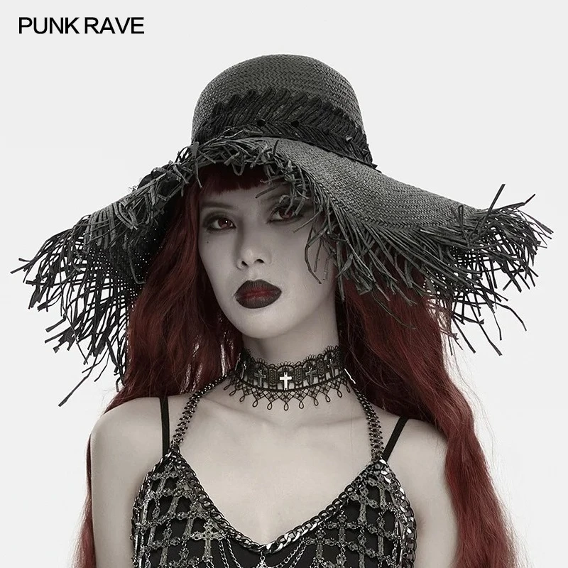 PUNK RAVE Women's ​​​​​​​Goth Witch Fringed Floral Wide Brim Straw Hat Lightweight Mysterious Vintage Elegance Party Accessories