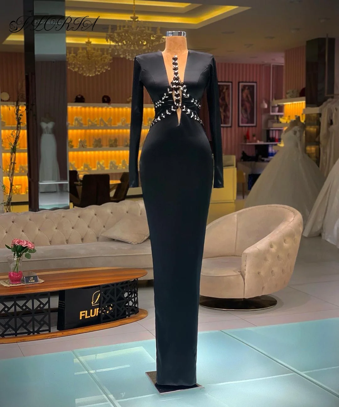 Robe sirène noire en satin perlé à manches longues pour femmes, robe de soirée, longueur au sol, soirée formelle, robe éducative, quelle que soit la célébrité, Dubaï, 2023