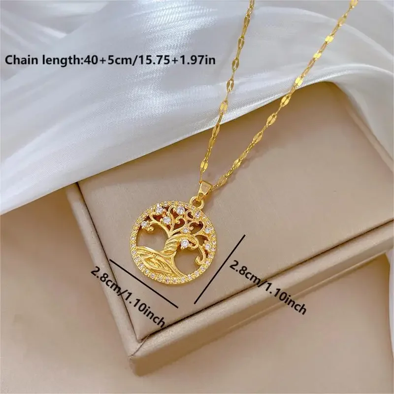 2023 New Hot-selling Jewelry Shiny Zircon Decorated Hollow Tree of Life Round Pendant Necklace Suitable for Daily Wear