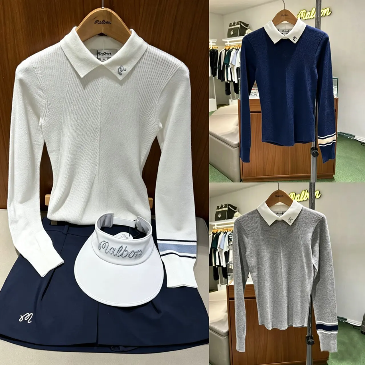 malbon 2026 Women's Golf Long Sleeve Knitted Polo Shirt Korean  Fashion Stretch Comfortable Turn Down Collar Casual Sports Top