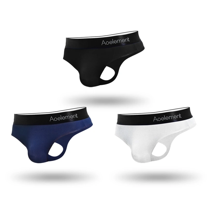 3pcs Men's low-rise solid color U-convex elastic tight ice silk sexy T-shirt, smooth and revealing buttocks breathable thong