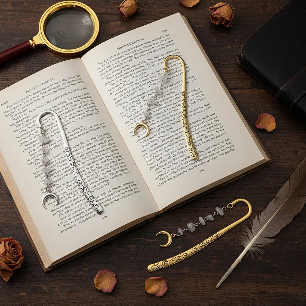 Vintage Mond Metall Lesezeichen Kristall Kette Anhänger mit Mond Charm Buchliebhaber Buch Zubehör Geburtstagsgeschenk für Familie Freunde