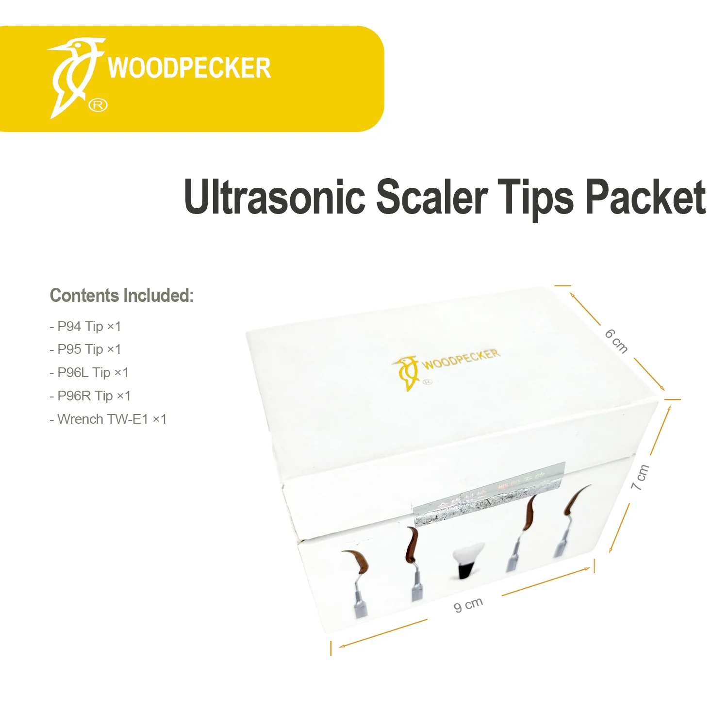 Woodpecker dental Implant Maintenance Ultrasonic Scaler Tips Pack with P94, P95, P96L, P96R, TW-E1 Tip Wrench Key