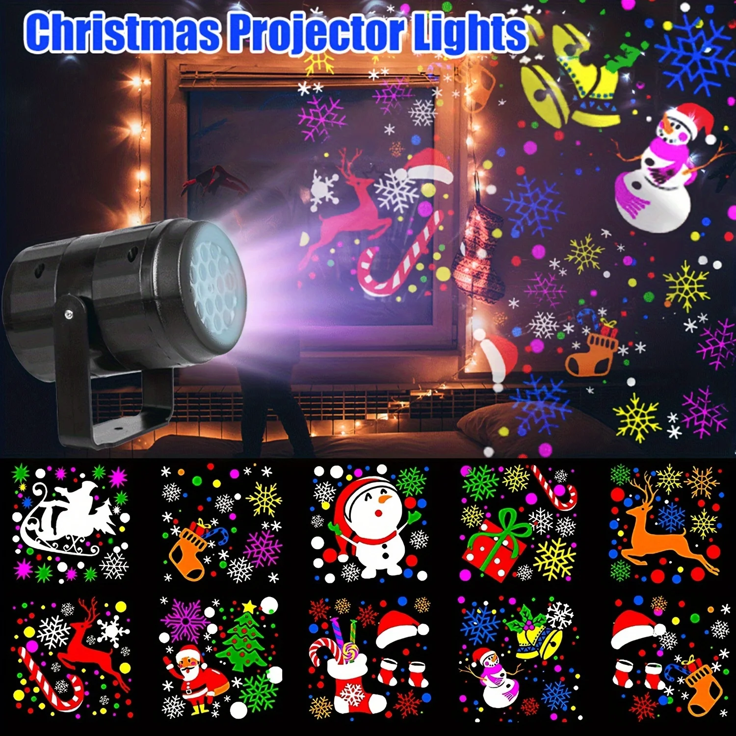 Christmas Projector Fairy Lights, 16 Patterns LED Night Lamp, USB Power Snowman/Snowflake/Santa Claus Projection Party Lighting