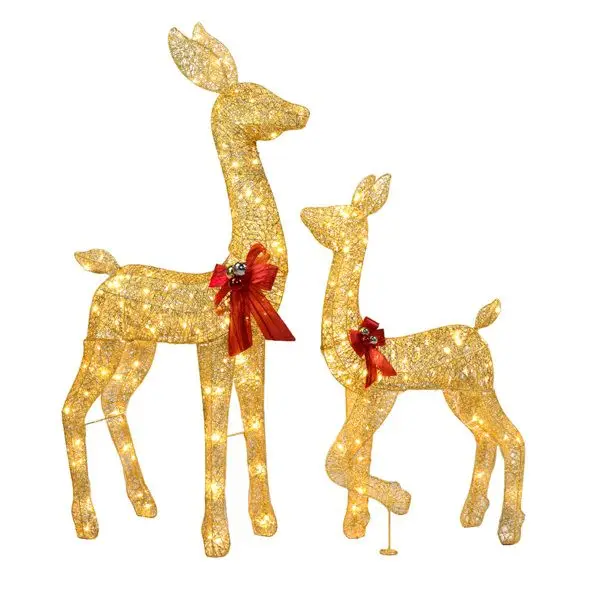 2-Piece Gold Lighted Christmas Deer Family 210 LEDs Warm White Outdoor Yard Decoration Set Inflatable Holiday Decorations