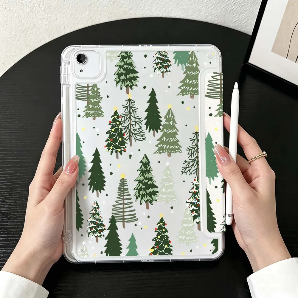 Christmas Tree Pattern Case For iPad Mini Pro Air 5 6 7 8 9 10th 11th 11 9.7 10.9 13 inch Transparent Y-Shaped Folding Tablet