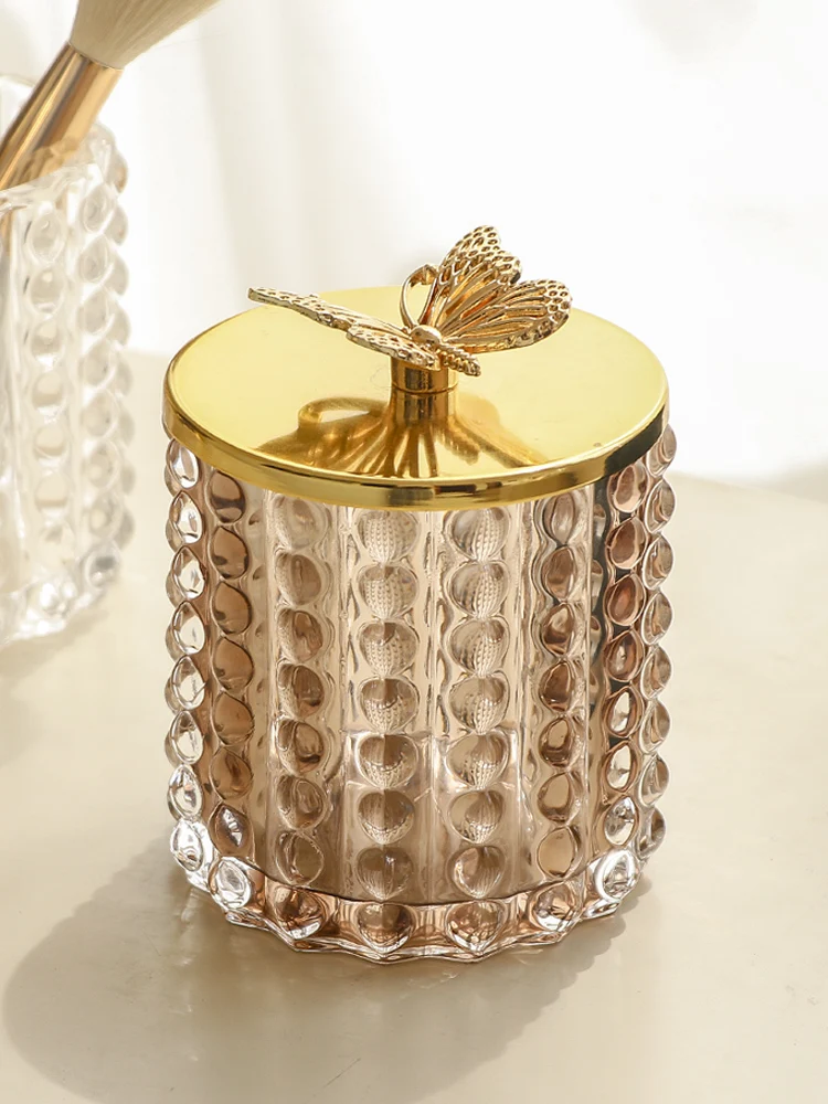 Creative Irregular Glass Jar Cotton Swab Storage Box Cosmetic Jewelry Jar Gold-plated Butterfly Cover Sundries Glass Jar Decor