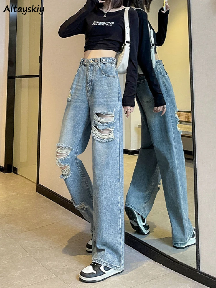 Holes Jeans Women Design Vintage High Waist Trousers Streetwear Creativity Korean Style All-match Baggy Pockets Sporty Fashion