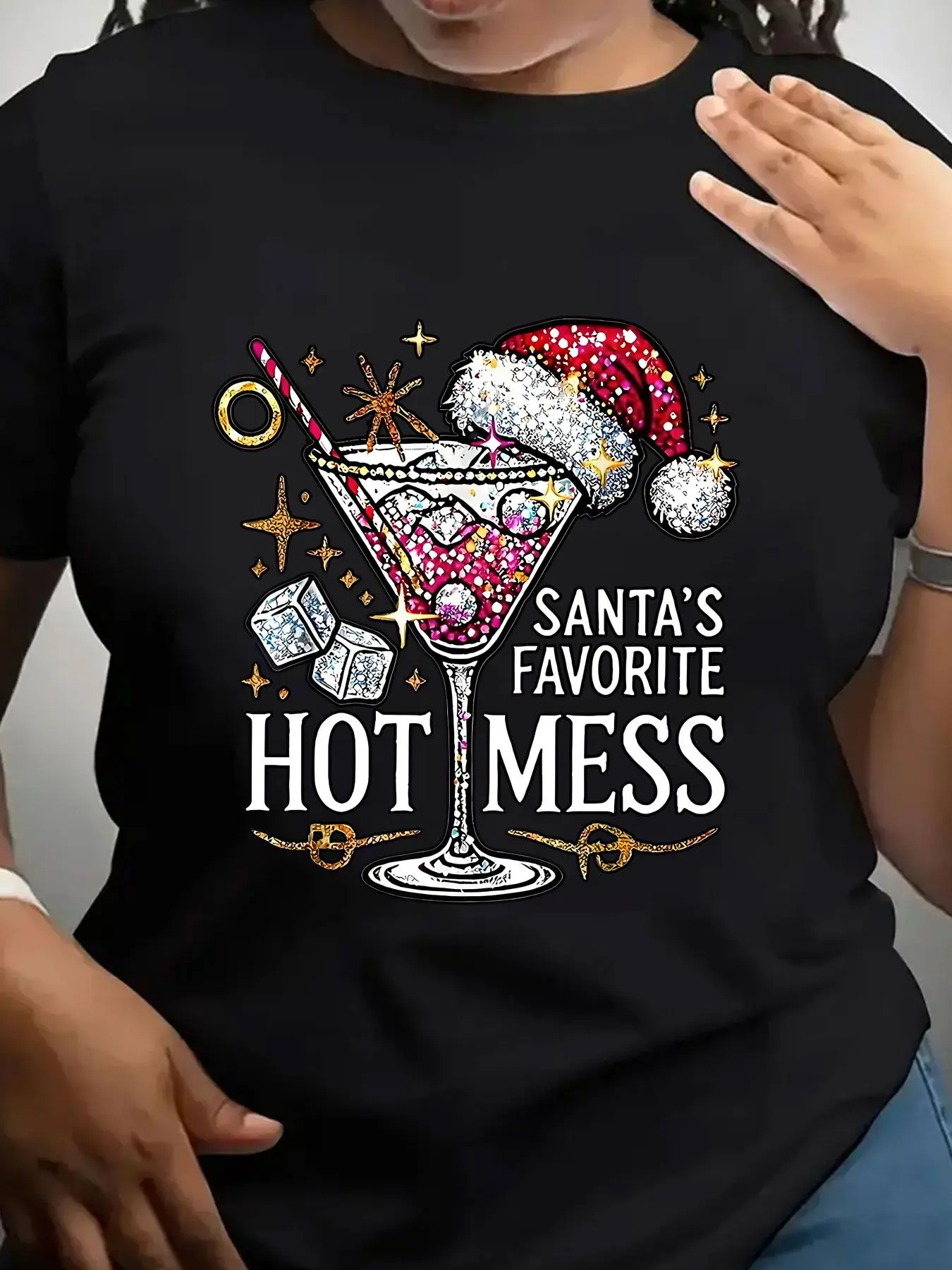 Women's Trendy Crew Neck T-Shirt Santa Favorite Hot Mess Graphic Suitable for Casual Sportswear