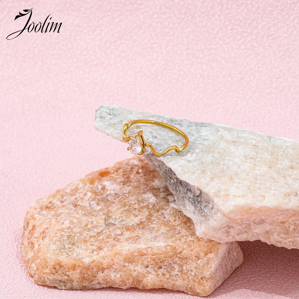 Joolim High End PVD Waterproof Fashion Designer Permanent Teardrop Zirconia Ring for Women Stainless Steel Jewelry Wholesale