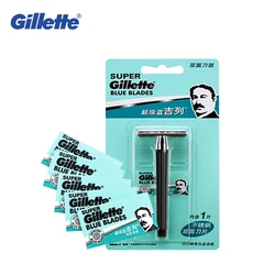 Gillette-cuchillo de afeitar Gillette Super azul para hombre, soporte para cuchillas de afeitar, auténtico, oficial, seguro, Razors, cuidado facial, afeitado Manual con regalo