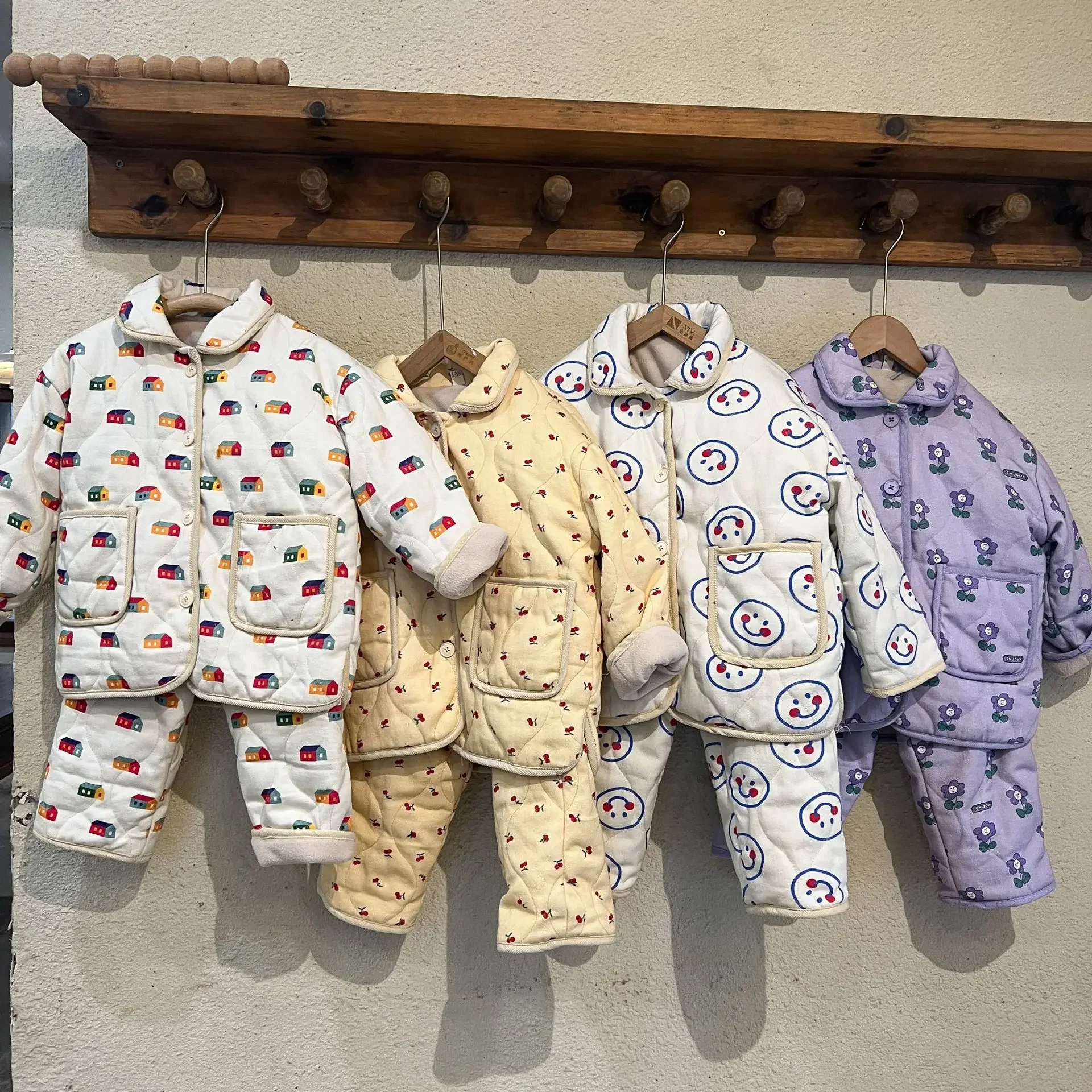 Cartoon Printed Children's Sets Autumn Winter Warm Plush Lining Kids Jacket Pants for Boys and Girls Cotton Pajama Thick Sets