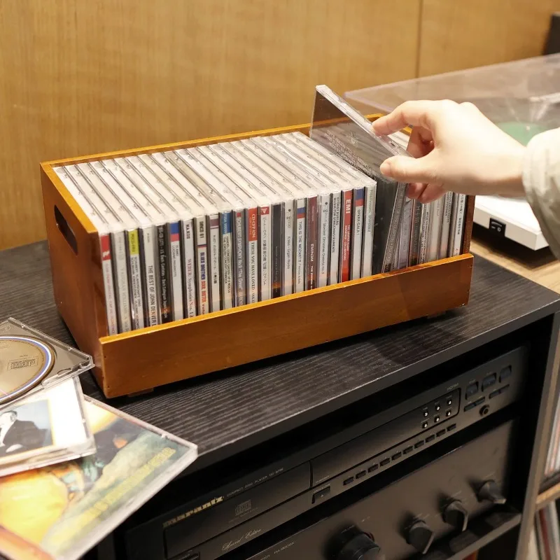 木製cd収納ボックスホルダー-30個のcdケースラック棚-ハンドル付き-オーガナイザー-映画ケース-音楽カセットテープ-レコードケース用