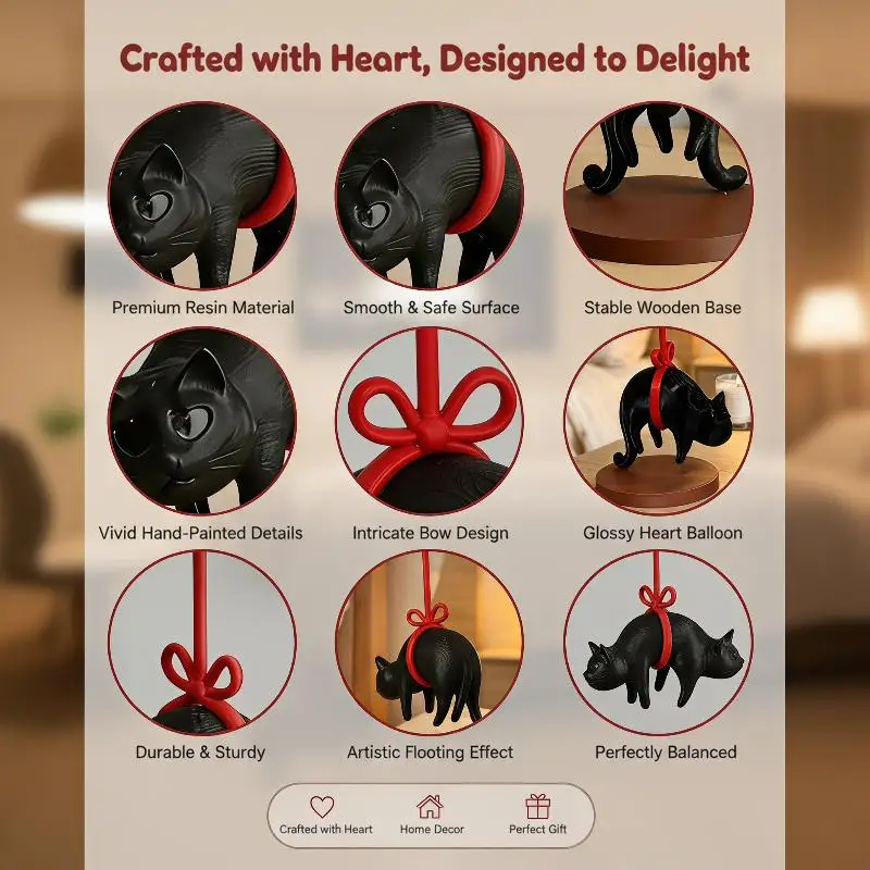 1Pcs Home Bookshelf Bedside Table Ornament: Cute Floating Cat Statue Heart Shaped Balloon Romantic Desk Gift