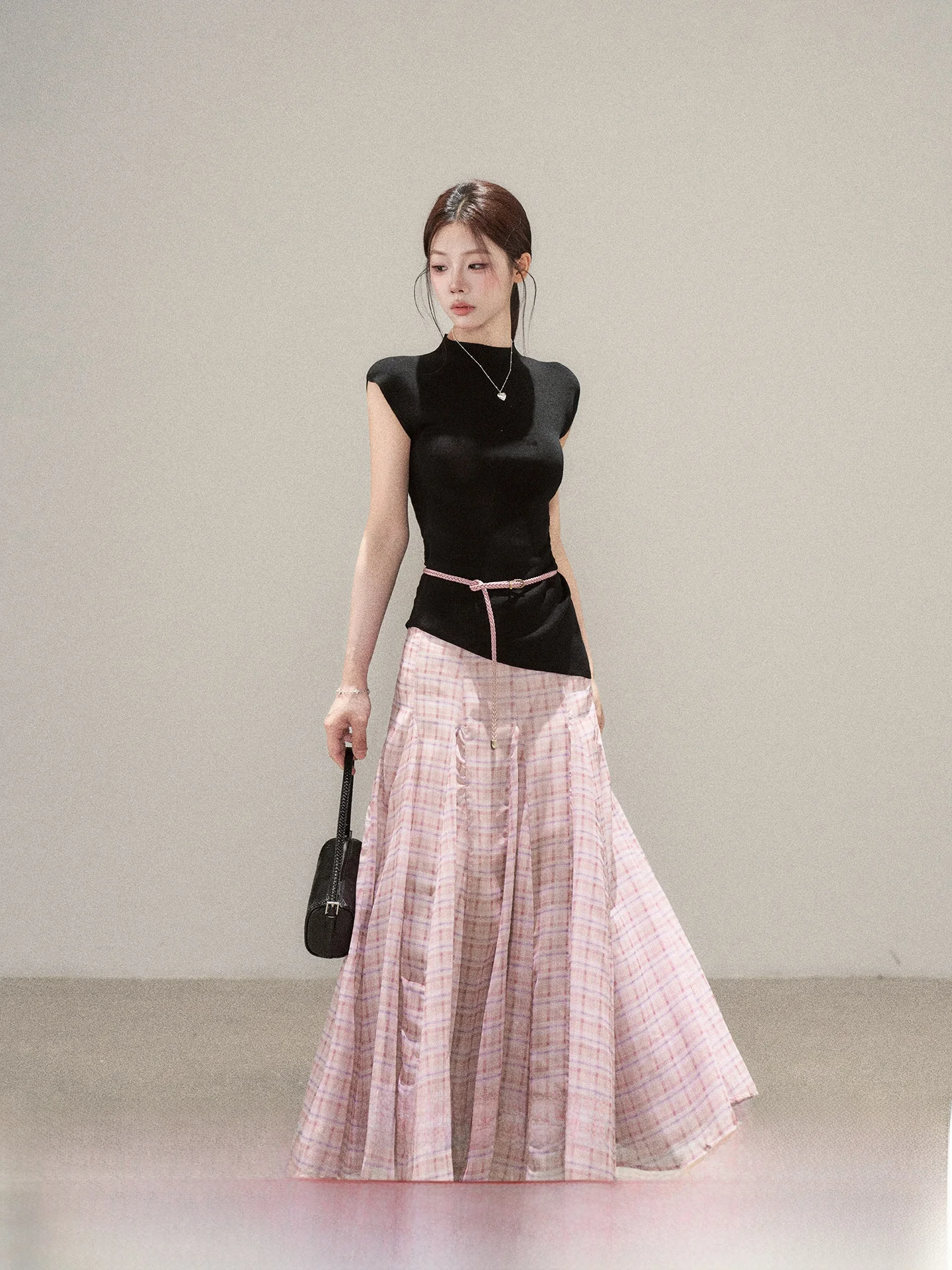 High Waist A-Line Skirt Women's Pink Plaid Summer New Style Slimming Long Skirt Commute Korean Style Standard Fit