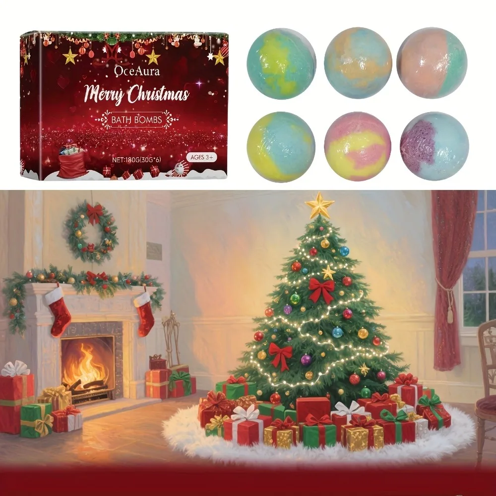 6pcs Festive Christmas Bath Bombs Gift Set, 30g Vibrant Colors Bath Salt Ball, Perfect Foam Bubble Balls for Relaxing Bath Time