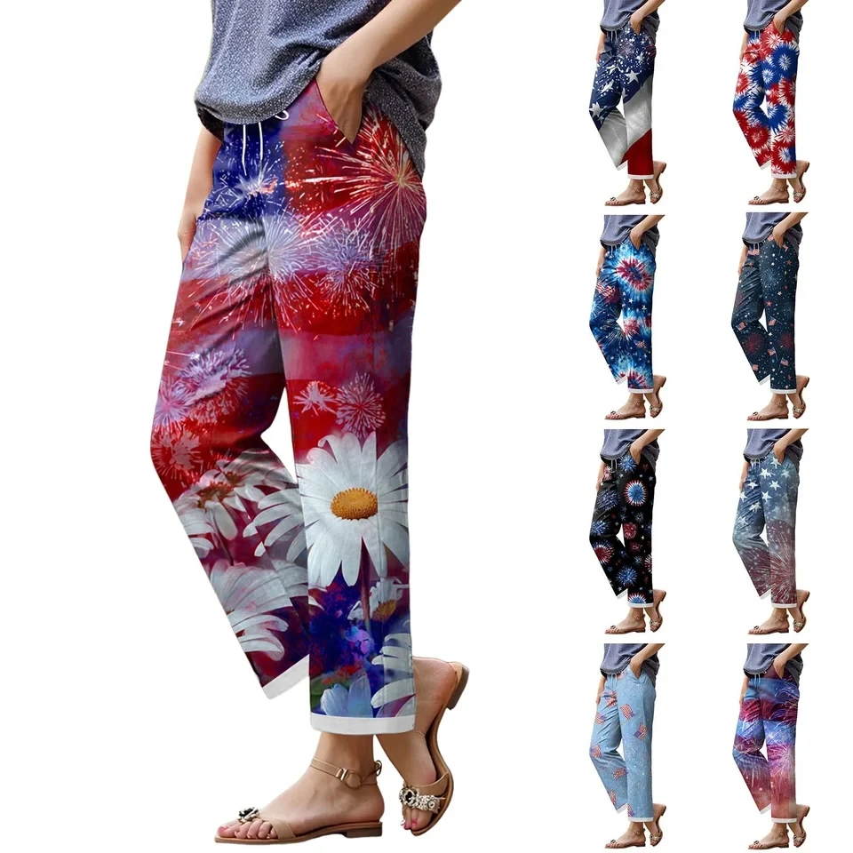 US Flag Patriotic America's 250th Anniversary Print Womens Pants Drawstring Waist Pocket Baggy Trousers USA Patriotic Long Pants