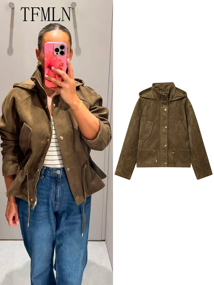 

TFMLN Vintage 2025 Autumn Winter Hooded Jackets For Women Fashion High Street Zipper Drawstring Coat Chic Causal Pockets Outwear
