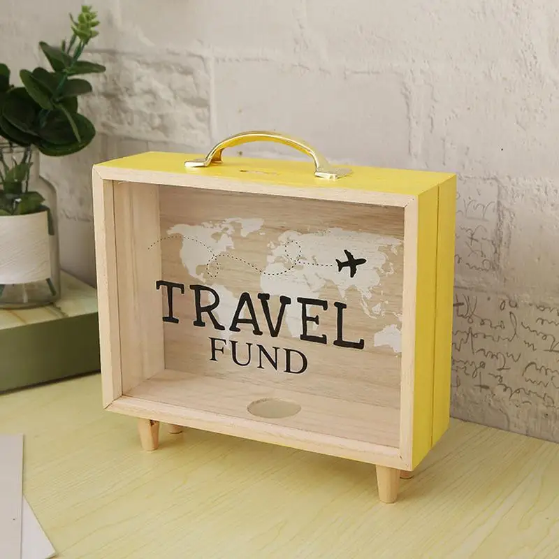 

Money Saving Jar Travel Fund Piggy Bank Wooden Suitcase Bank Counting Money Jar Funny Money Bank Desktop Decor for House Warming