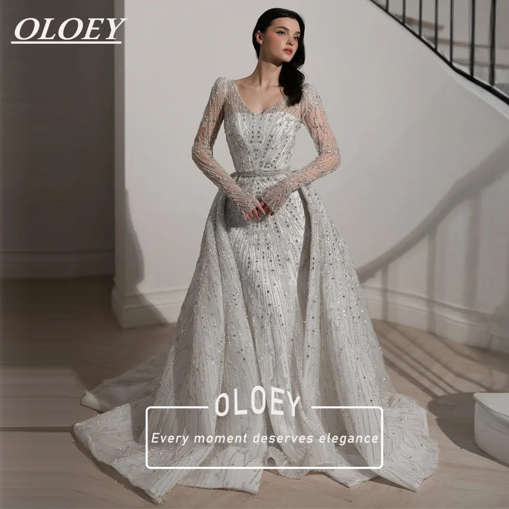 OLOEY Luxury Crystals Sequined Lace Mermaid Wedding Dress With Long Detachable Tail Full Sleeves Vintage Bridal Gown Customized