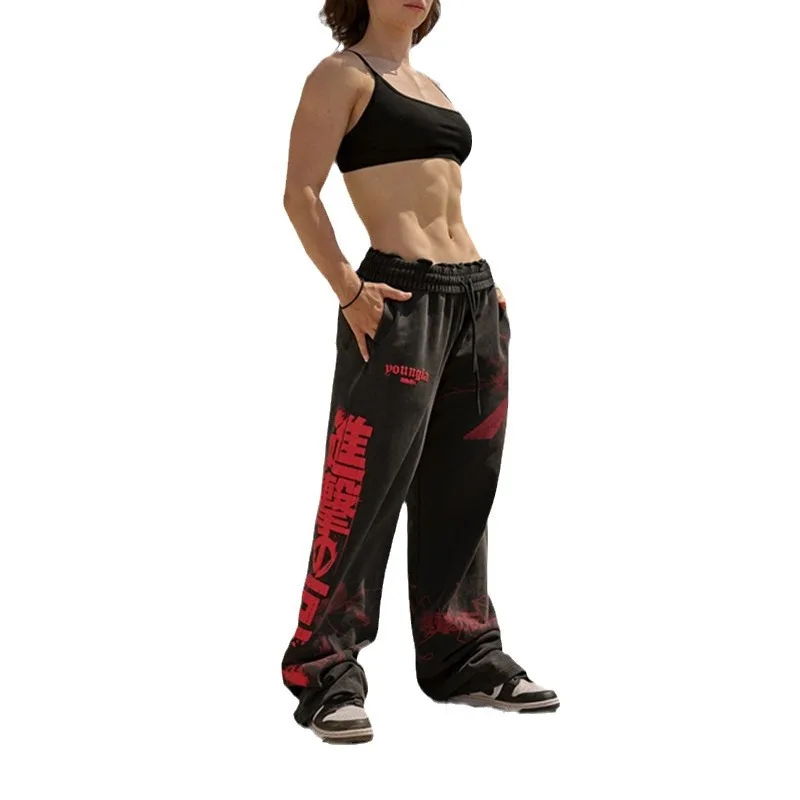 new 2026 American sports pants gym fitness running training pants cotton wool print wide leg pants - Image 5