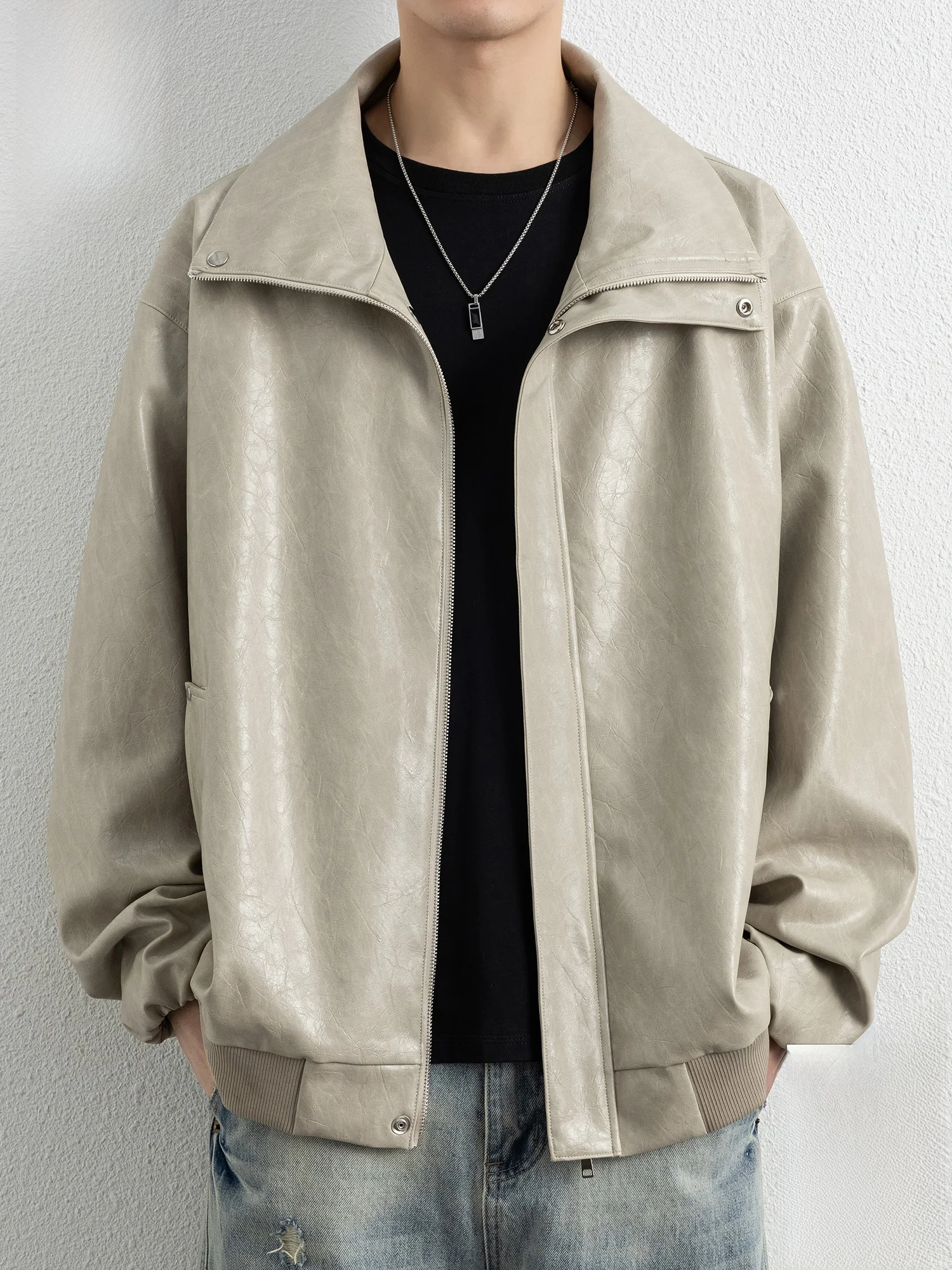 

PaulFrank Retro Simple Collar Men's Jaet Spring New Loose Casual Leather Coat Large Mouth Monkey PU Leather Polyester Fiber