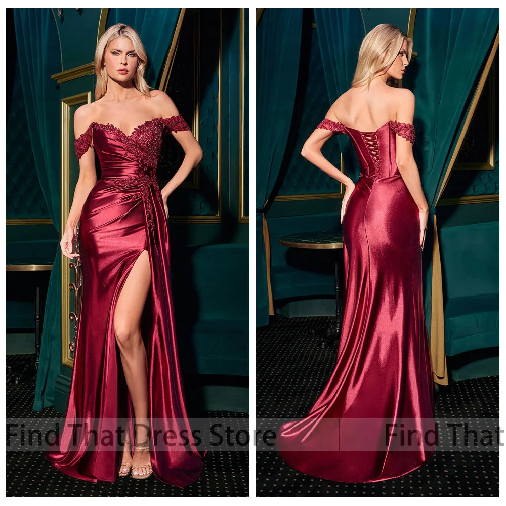 ชุดราตรีทรงเมอร์เมดแบบสั่งตัด ดีไซน์เก๋ไก๋ โชว์ไหล่ จับจีบเซ็กซี่ แต่งลูกไม้ผ่าข้าง ผูกเชือกด้านหลัง พร้อมชายกระโปรงยาว