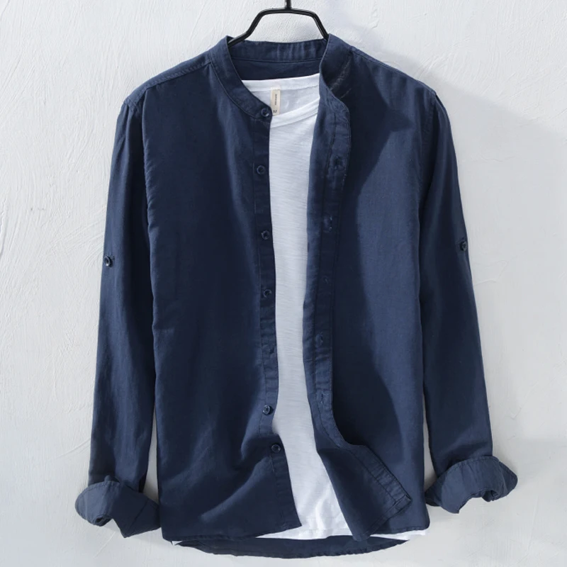 

Мужская льняная верхняя одежда с воротником-стойкой и длинным светом, модная молодежная деловая верхняя одежда из хлопка и льна, свободная посадка, модная ...