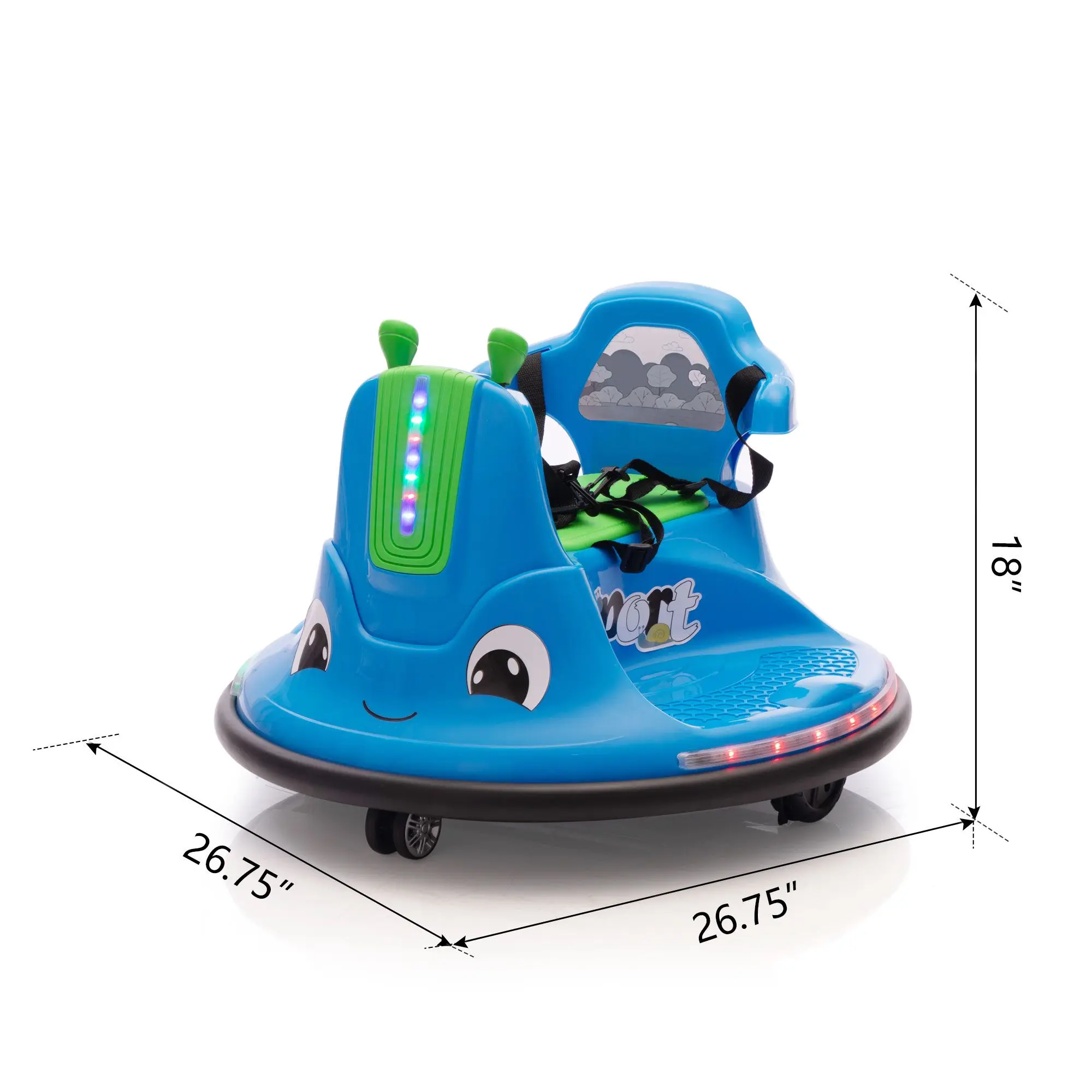 Carro de pára-choque elétrico infantil em forma de caracol 12V com controle remoto, passeio em carro com luzes LED, música, rotação de 360 graus