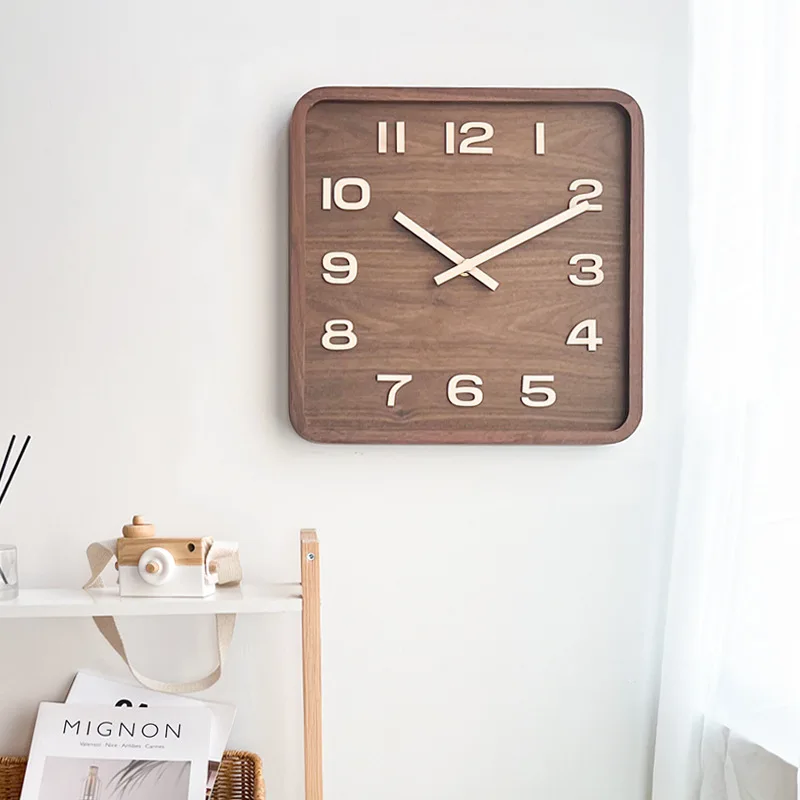 Solid wood square wall clock, retro clock, walnut wood, silent, Chinese style, simple table clock, Chinese vintage style