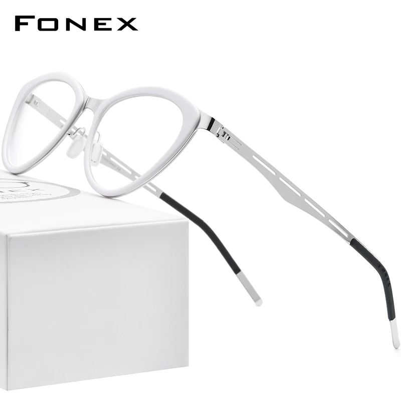 

FONEX Acetate Alloy Glasses Frame Women Fashion Brand Design Cat Eye Eyeglasses Cateye Screwless Germany Japanese Eyewear 1008