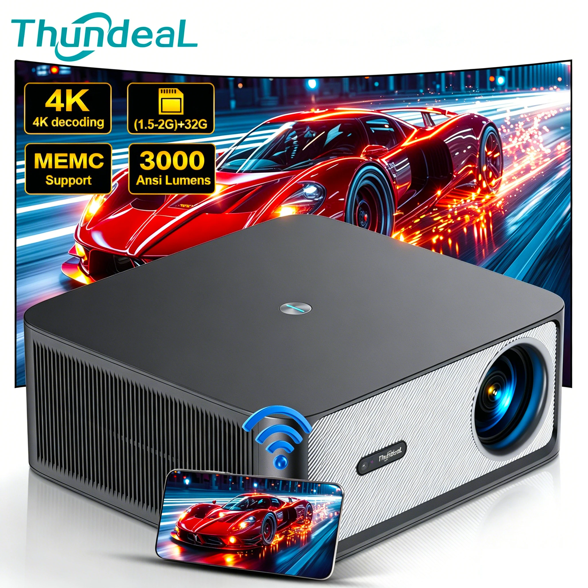 ThundeaL 4K Full HD 3000Ansi Portable Projector TD98Pro with 2G 32G WiFi Android Home Theater Smart TV Cinema Beam Video Movie