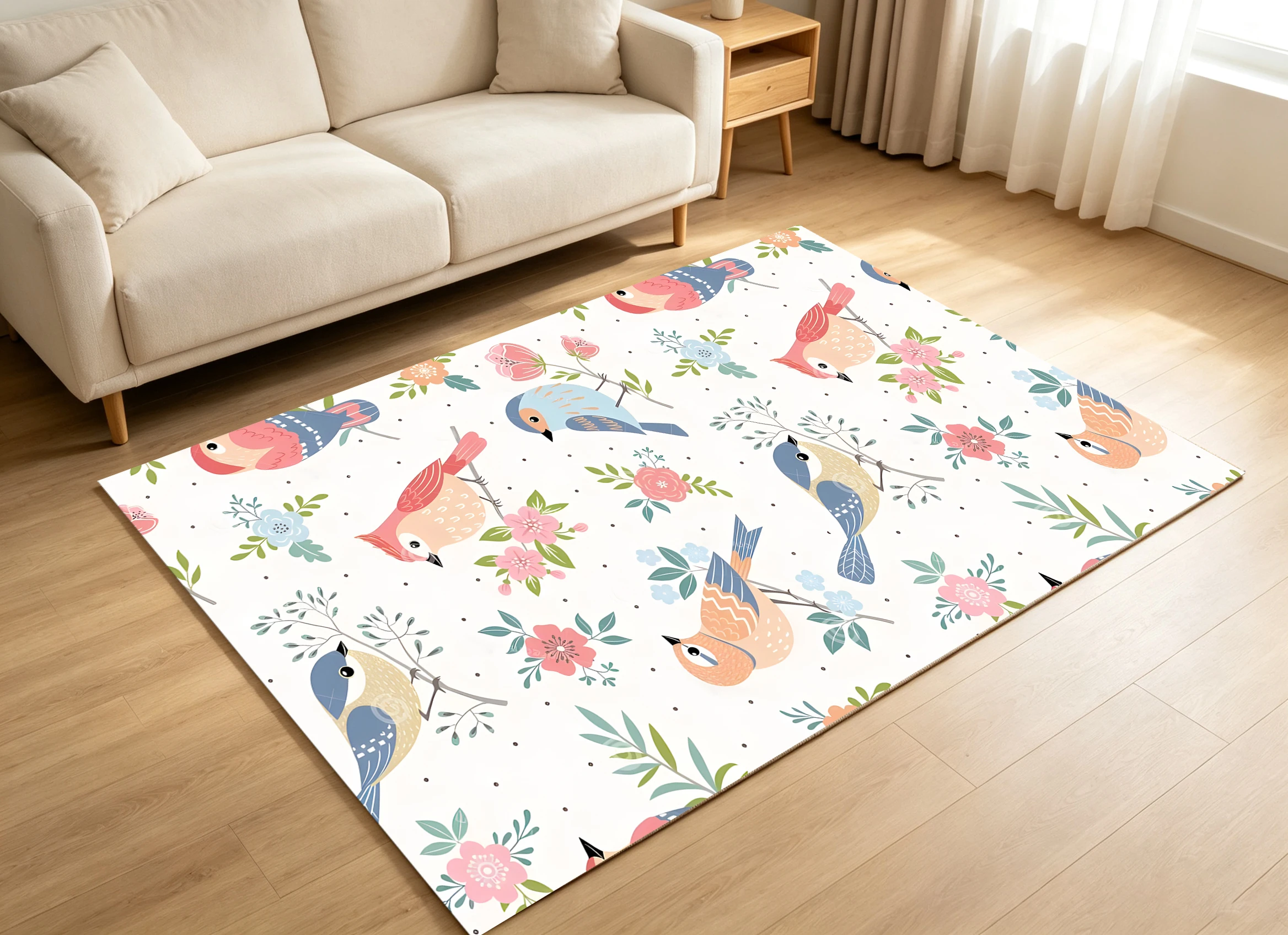 2D Large Carpet Soft Color Bird Floral Fresh Soothing for Living Room Bedroom