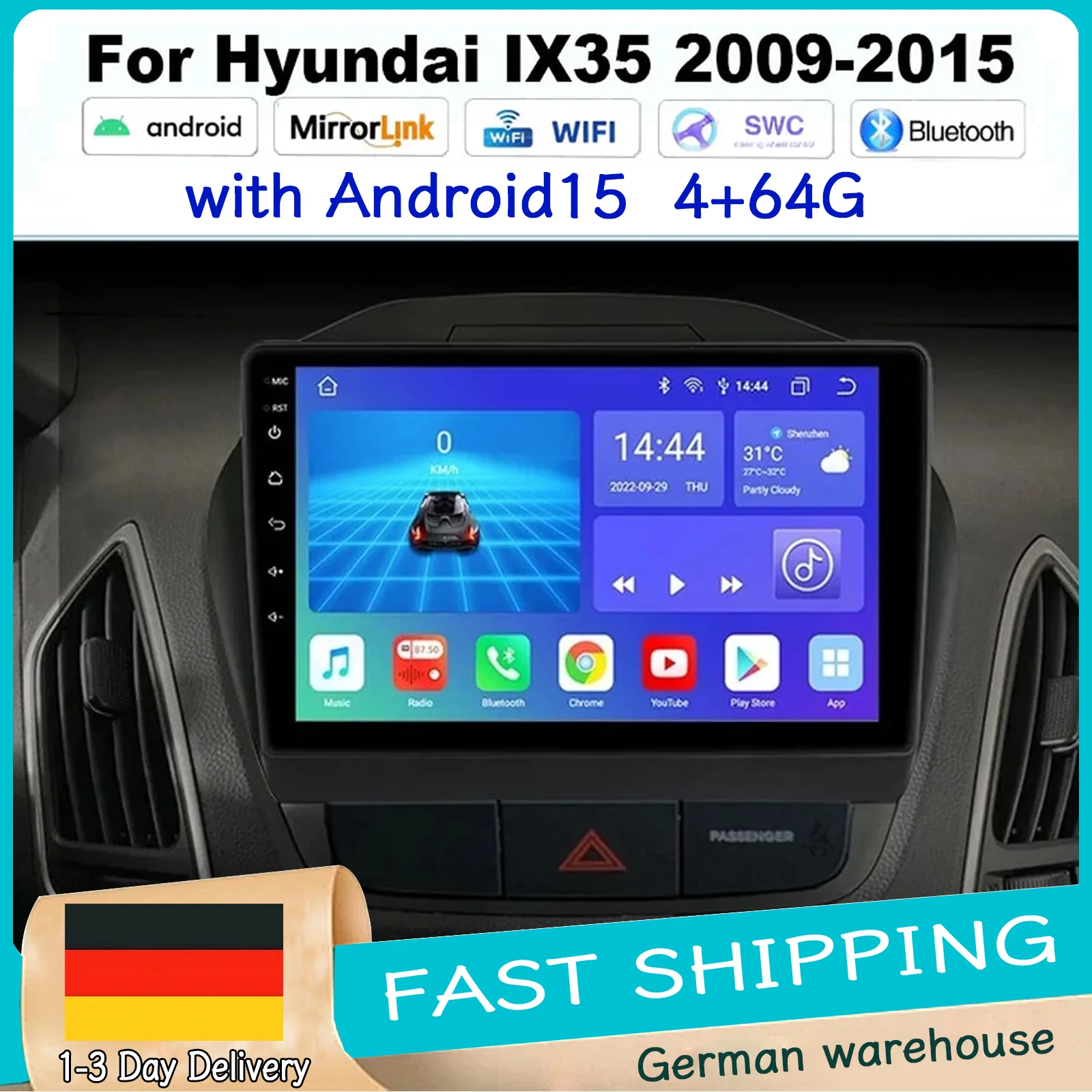 Double Din 10 inch autoradio 4+64G geschikt voor CarPlay Android Auto GPS navigatie Android 14 Wifi FM voor Hyundai IX35 2009-2015