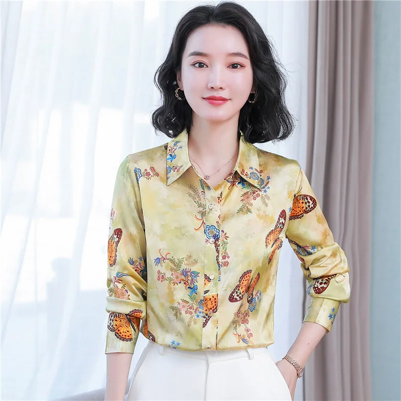 

Shirt WomenLong Sleeve New High-End Printed Stylish Mulberry Silk Base S