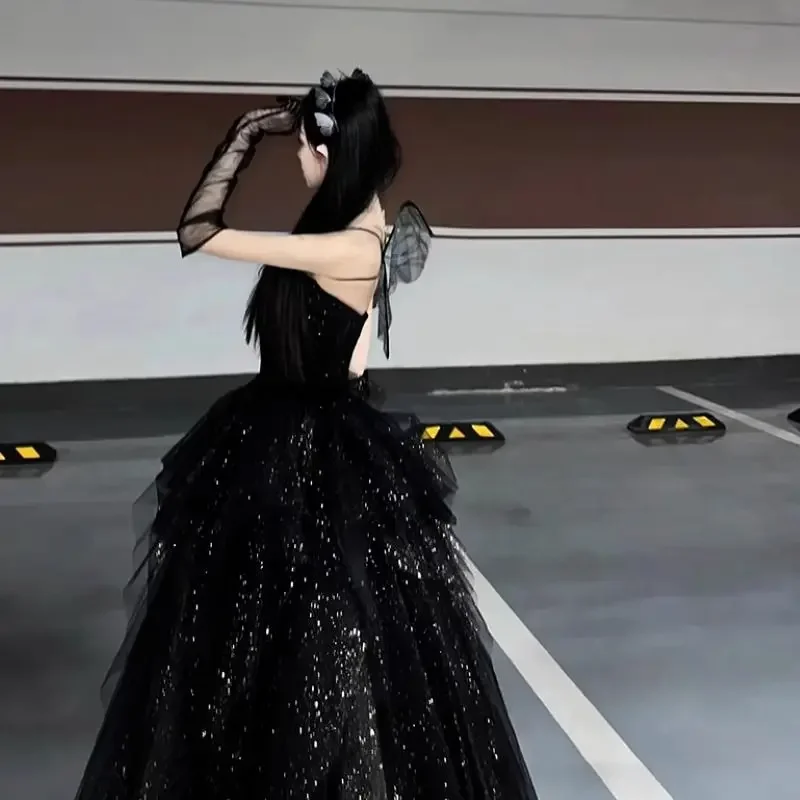 Black Evening Dress Light Luxury Ceremony Black Host Suit Sexy Skirt Sleeveless Shimmer Forest Style Dress