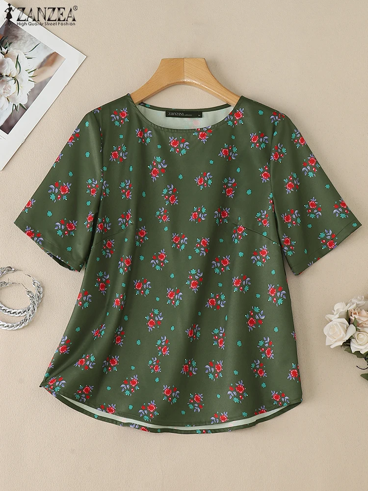 

ZANZEA Womens Casual Ditsy Floral T-Shirts 2025 Summer Short Sleeve O-Neck High-Low Blouses Vacation Day Wear Fashion Tops