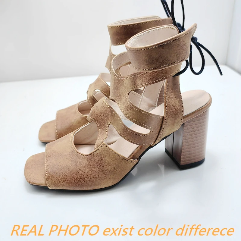 ORCHA LISA Fashion Female Sandals Square Toe Block High Heels 7.5cm Ankle Strap Lace Plus Size 49 50 Sexy Daily Women Shoes