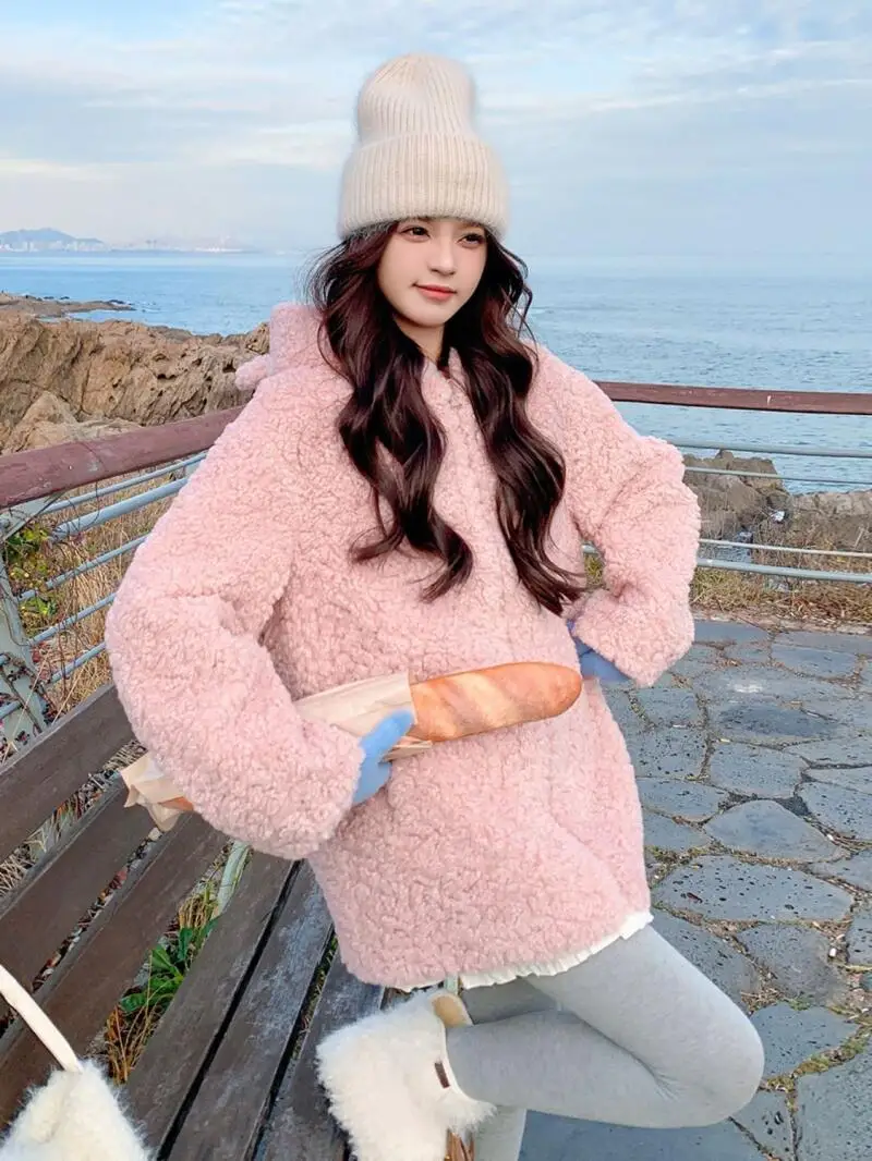 

Women's Coat winter autumn Jacket Outerwear Warm Fleece Lined Pink Hooded Sherpa Winter Gentle Sweet Thick Youthful Quilted Coat