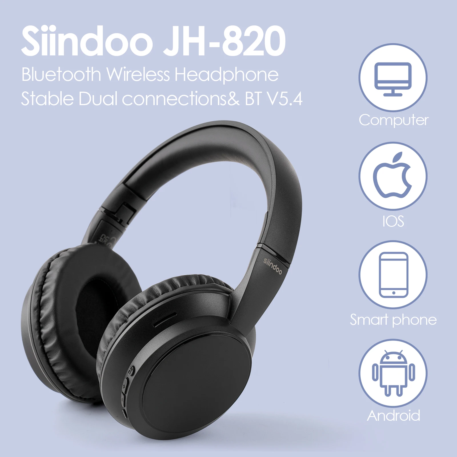 Siindoo JH-820 Wireless Bluetooth Headphones, 60H Playtime,3 EQ Sound Modes,Foldable Lightweight Bluetooth 5.4 for Travel Study