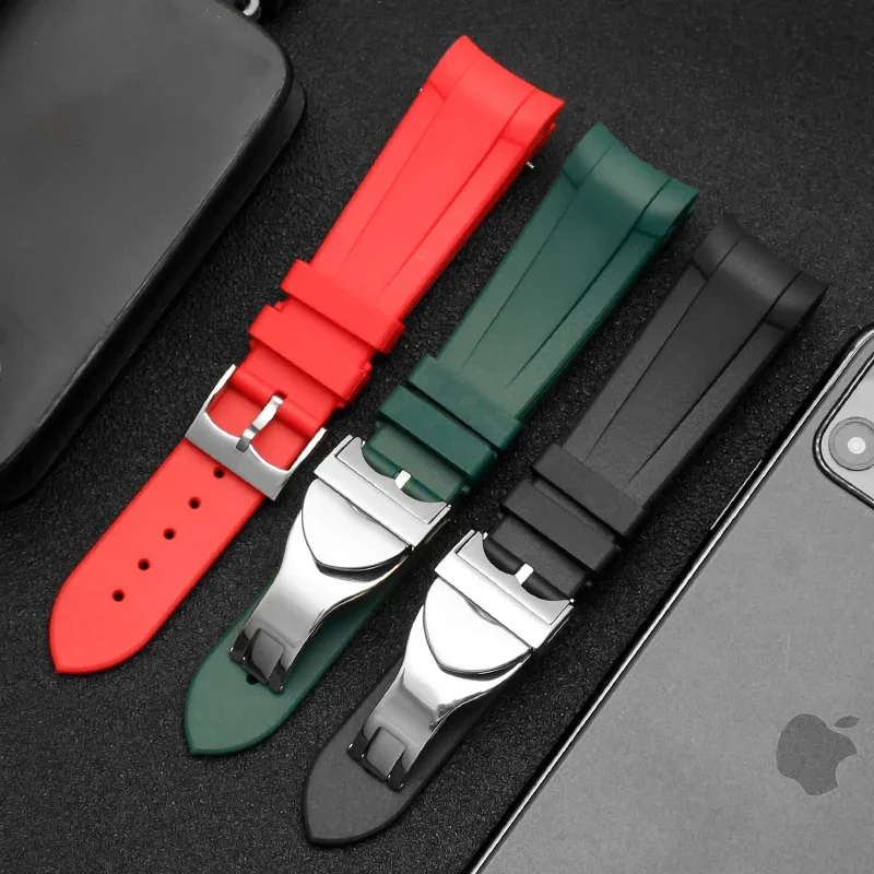 

22mm Natural Rubber Silicone Rubber Watch Strap For Tudor Biwan GMT Curved End Pin / Folding Buckle Black Blue Red Wristband